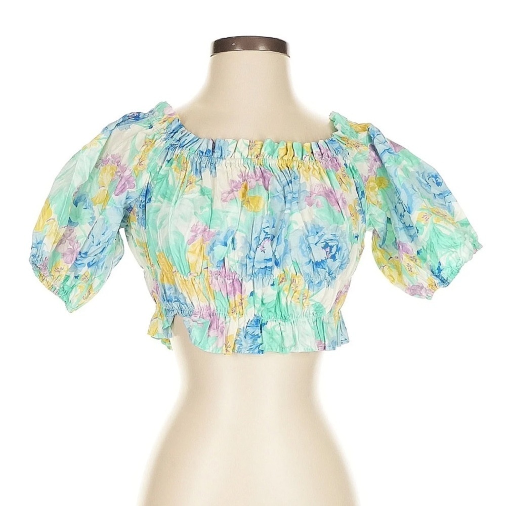 Zara Watercolor Floral Smocked Crop Top Puff Sleeve Off Shoulder Size S - Picture 2 of 5
